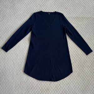 Eileen Fisher 100% Merino Wool Long Sleeve V-Neck Sweater Dress Navy XS Comfy